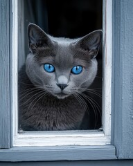 Poster - A gray cat with striking blue eyes gazes through a window.