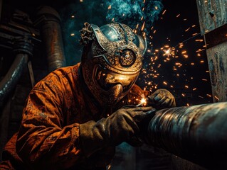 Aufkleber - A welder in protective gear works on a metal pipe, sparks flying in a dimly lit environment.