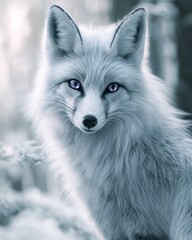 Poster - A majestic white fox with striking purple eyes in a serene, snowy forest setting.
