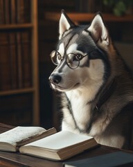 Aufkleber - A dog wearing glasses sits at a desk with open books in a cozy library setting.