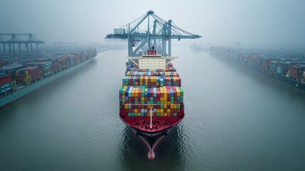 Poster - A large cargo ship loaded with colorful containers navigating through a foggy harbor.