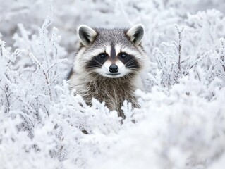Poster - A raccoon peeks through a snowy landscape, showcasing its curious expression.