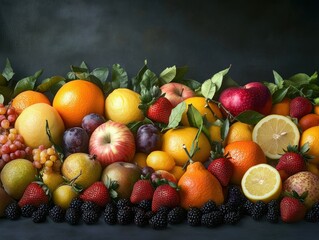 Poster - A vibrant assortment of fresh fruits arranged artistically on a dark background.