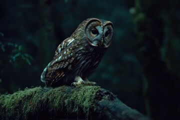 Poster - A solitary owl perched on a moss-covered branch in a dimly lit forest.
