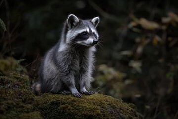 Aufkleber - A raccoon sitting on a moss-covered rock in a forested environment.