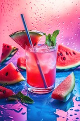 Poster - A refreshing watermelon drink garnished with mint, surrounded by watermelon slices.
