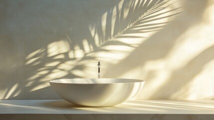 Fototapete - A minimalist bathroom scene featuring a bowl sink with palm shadows on a textured wall.