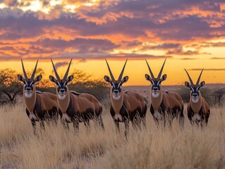 Poster - A group of five antelopes standing in tall grass against a colorful sunset.