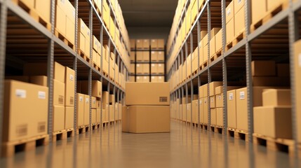 Poster - A warehouse filled with stacked cardboard boxes on shelves, indicating storage and logistics.