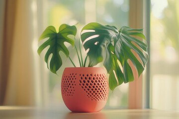 Poster - A vibrant potted plant with large green leaves, set against a bright window backdrop.