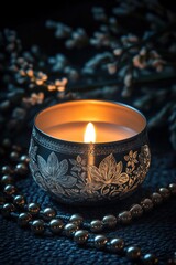 Poster - A lit decorative candle surrounded by beads and floral elements, creating a serene ambiance.