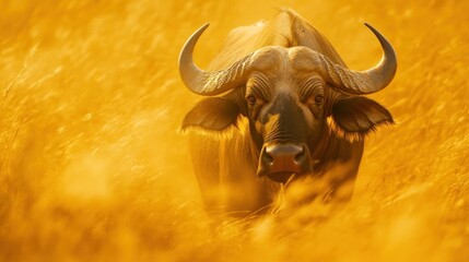 Poster - A buffalo stands in a golden field, illuminated by warm sunlight.