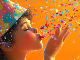Poster - A joyful celebration with a child blowing confetti against an orange background.