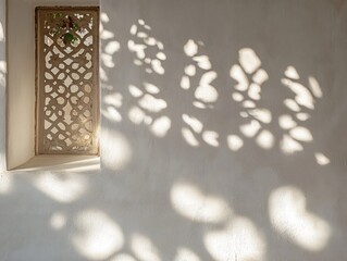 Aufkleber - A decorative window casting intricate shadows on a textured wall.