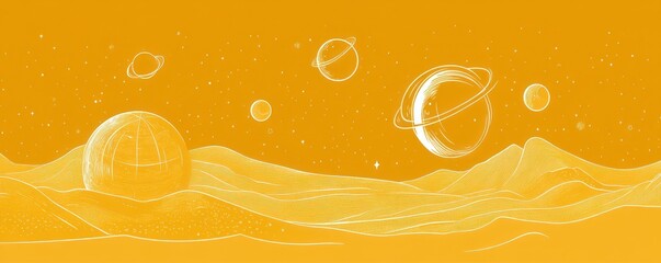 Poster - A surreal landscape featuring planets and rings against an orange background.