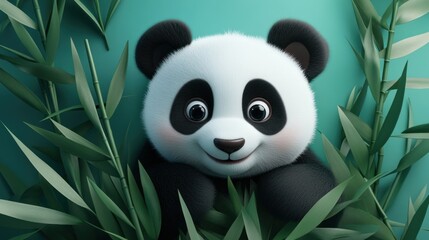 Poster - A cute cartoon panda peeking through bamboo leaves with a cheerful expression.