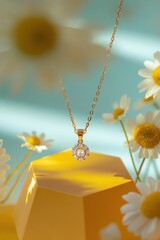 Poster - A delicate gold necklace with a sparkling pendant displayed among daisies and a yellow geometric shape.