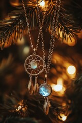 Poster - Two elegant necklaces featuring a dreamcatcher and a gemstone pendant, adorned with feathers.