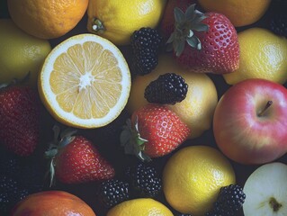 Poster - A vibrant assortment of fruits including lemons, strawberries, blackberries, and an apple.
