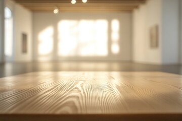 Poster - A blurred view of an art gallery with wooden table and soft shadows.