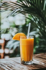 Poster - A refreshing orange drink served in a glass with a slice of fruit and a straw.