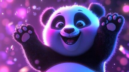 Poster - A joyful cartoon panda with a cheerful expression, surrounded by colorful lights.