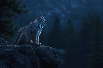 Poster - A lynx perched on a rocky outcrop, silhouetted against a misty forest backdrop at dusk.