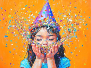 Poster - A joyful child with a party hat surrounded by colorful confetti, celebrating happiness.