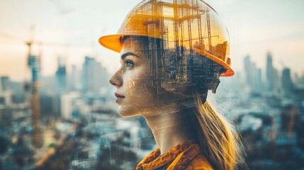 Poster - A woman in a hard hat gazes at a cityscape, symbolizing strength in construction and industry.