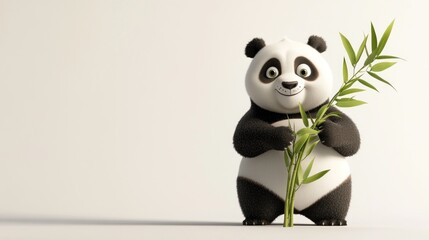 Poster - A cute cartoon panda holding bamboo, showcasing a playful and friendly demeanor.