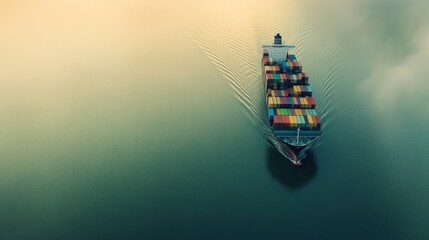 Poster - Aerial view of a cargo ship navigating through calm waters, showcasing shipping logistics.