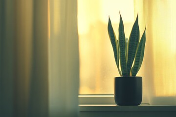 Poster - A potted plant by a window with soft light filtering through sheer curtains.