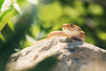 Aufkleber - A snake resting on a rock, surrounded by lush greenery in a natural setting.