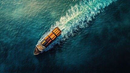 Poster - Aerial view of a cargo ship navigating through deep blue waters, leaving a wake behind.