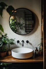 Poster - A modern bathroom sink setup with plants and a round mirror.