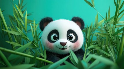 Poster - A cute cartoon panda peeking through bamboo leaves, exuding charm and playfulness.
