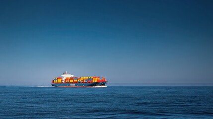 Poster - A cargo ship navigates calm waters under a clear blue sky.