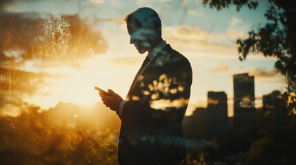 Poster - A silhouette of a man in a suit using a phone against a sunset backdrop.