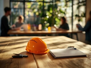 Aufkleber - A workspace with a hard hat and notepad, suggesting a meeting or planning session.