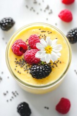 Poster - A vibrant dessert featuring mango mousse topped with berries and a flower.