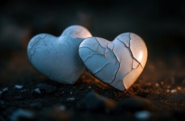 Aufkleber - Two cracked hearts symbolizing broken love or emotional pain, set against a dark background.