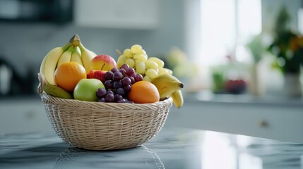 Wall Mural - A wicker basket filled with assorted fresh fruits on a kitchen countertop.