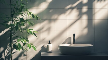Aufkleber - A serene bathroom scene featuring a plant, sink, and soft shadows.