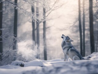 Poster - A serene wolf howls in a snowy forest, capturing the essence of wilderness and solitude.
