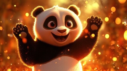 Poster - A cheerful panda with raised paws in a warm, glowing forest setting.