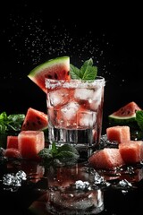 Poster - A refreshing watermelon cocktail garnished with mint, served with ice and watermelon slices.