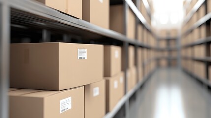 Poster - A warehouse interior filled with neatly stacked cardboard boxes on metal shelves.