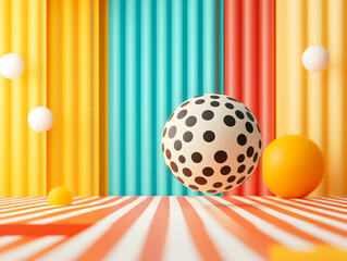 Poster - A vibrant scene featuring colorful striped backgrounds and playful geometric balls, creating a cheerful and dynamic atmosphere.