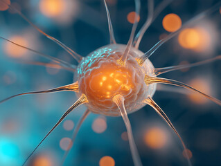 Aufkleber - A detailed illustration of a neuron with a glowing nucleus and extending dendrites against a vibrant, blurred background.