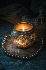 Aufkleber - A lit decorative candle surrounded by beads on a textured surface, creating a serene ambiance.